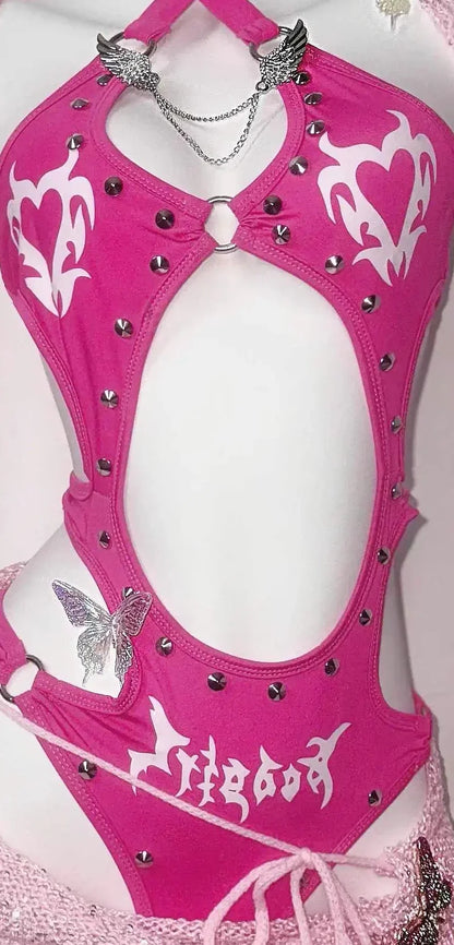 Pink Gothic Rivet Streetwear Onesie Shawl Skirt 3-piece Set