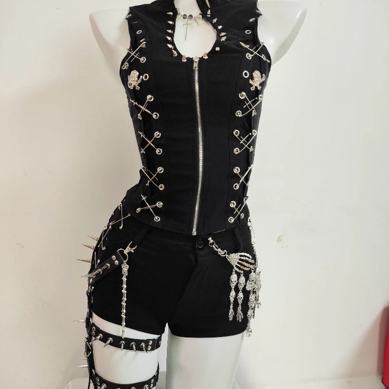 Gothic Punk Dark Y2K Rivet Vest Shorts Set