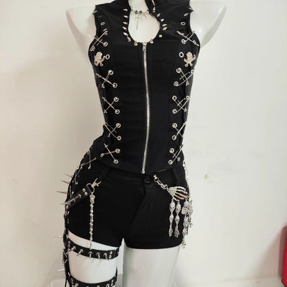 Gothic Punk Dark Y2K Rivet Vest Shorts Set