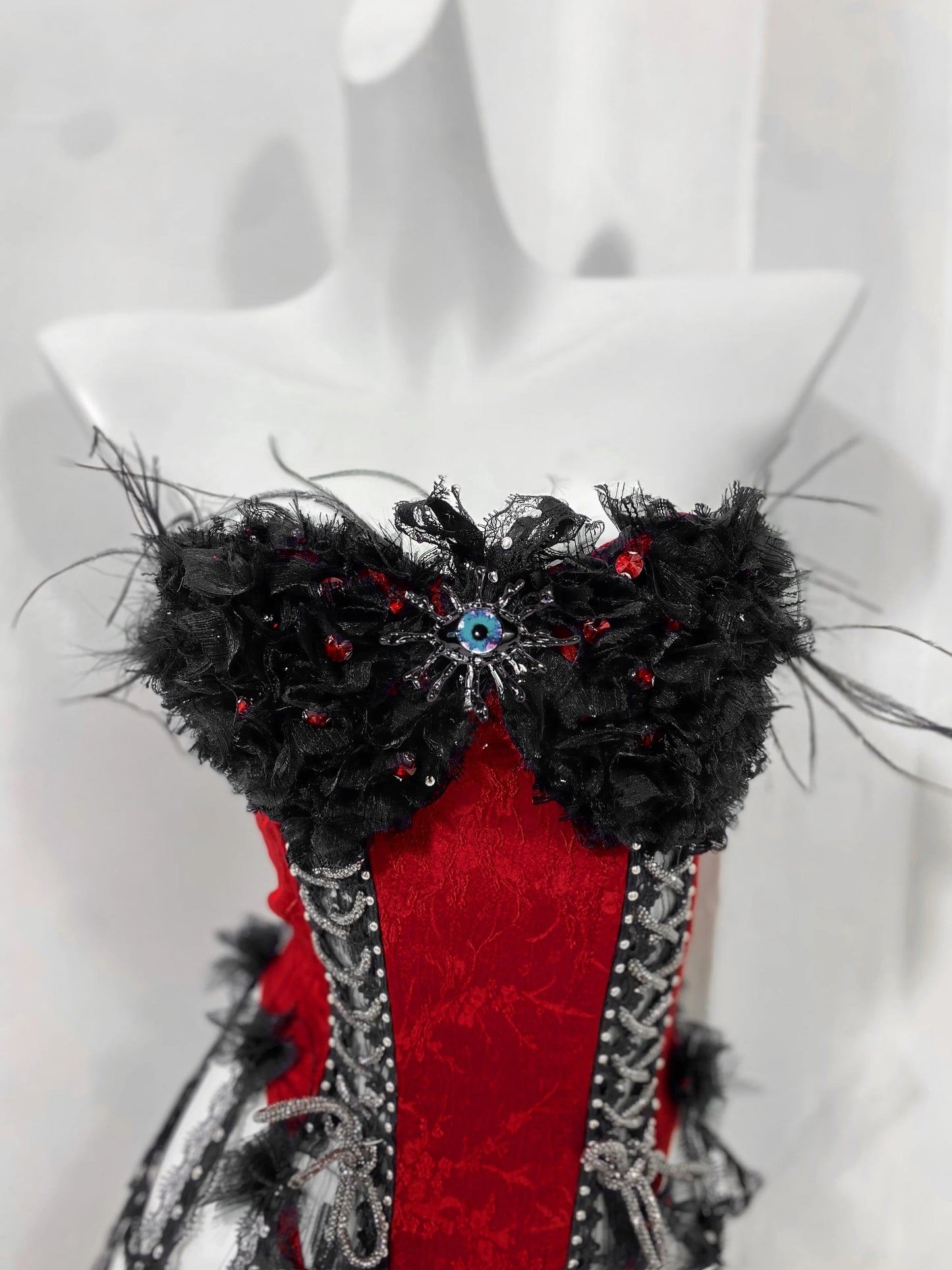 Red and Black Goth Strap Drawstring Fishbone Bra Birdcage Corset Top Trailing Skirt