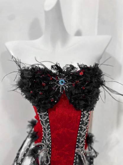 Red and Black Goth Strap Drawstring Fishbone Bra Birdcage Corset Top Trailing Skirt