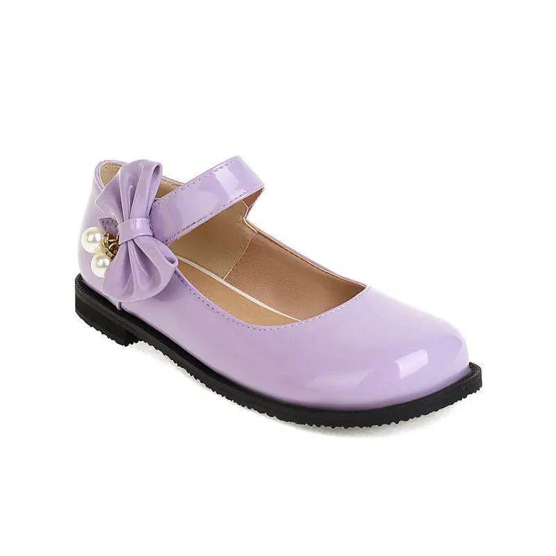 30-44 Sweet Pearl Bow Flat Heel Black Lolita Mary Jane Shoes