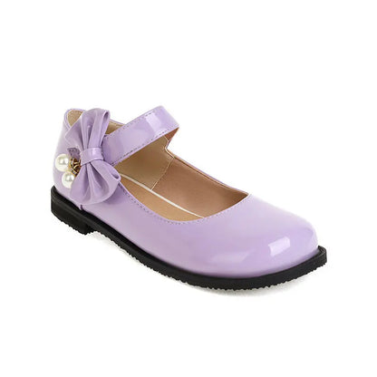 30-44 Sweet Pearl Bow Flat Heel Black Lolita Mary Jane Shoes