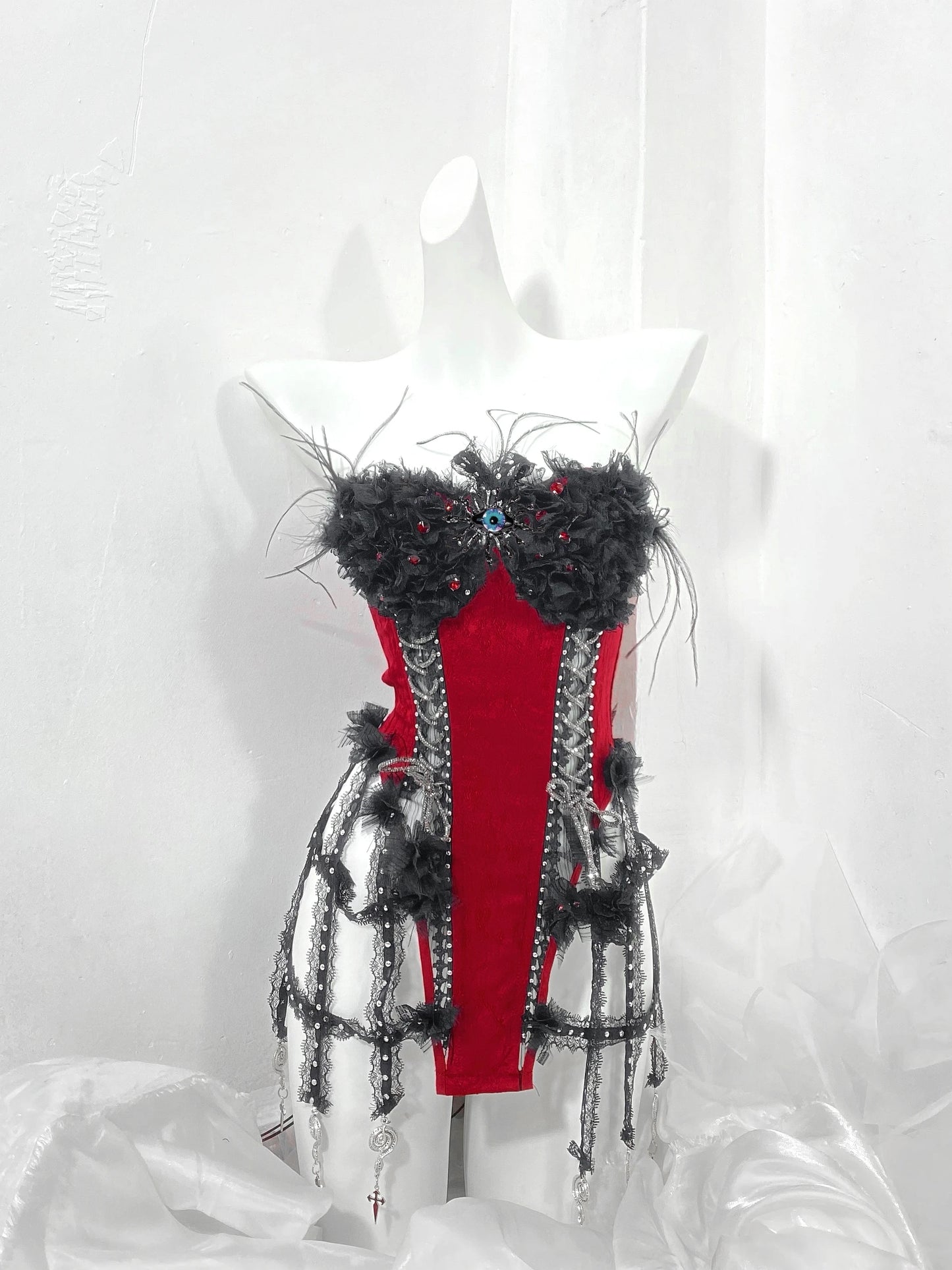 Red and Black Goth Strap Drawstring Fishbone Bra Birdcage Corset Top Trailing Skirt