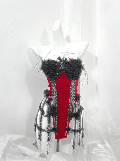 Red and Black Goth Strap Drawstring Fishbone Bra Birdcage Corset Top Trailing Skirt