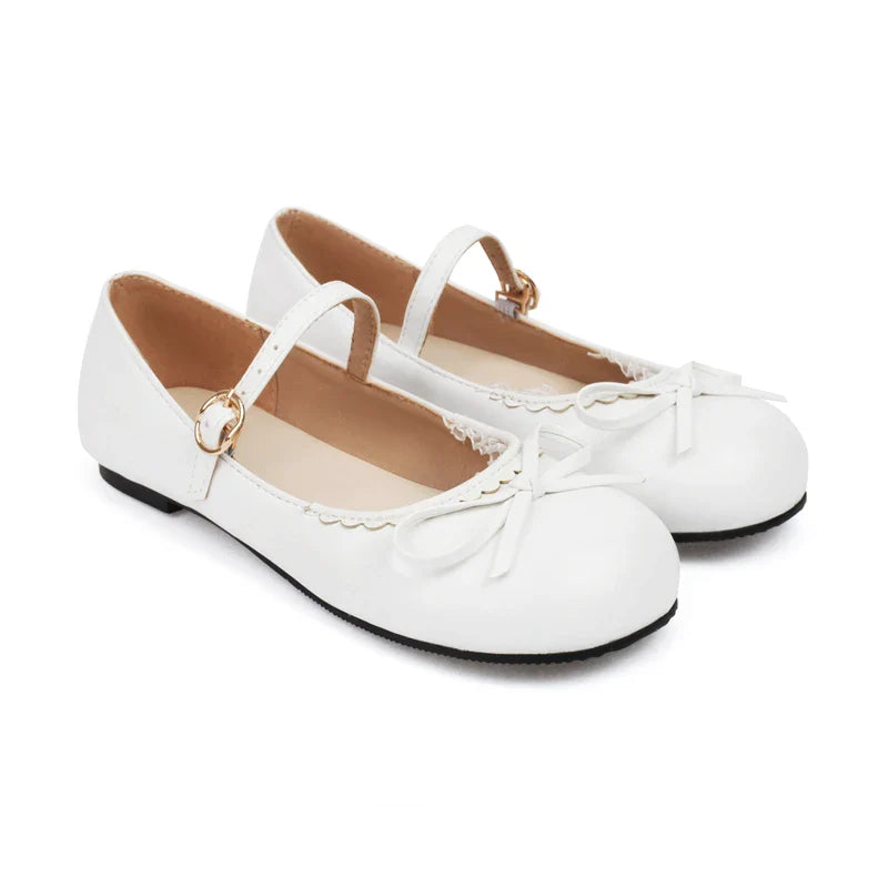 Pink White Mary Janes Bow Ballet Flats Shoes - 33-45