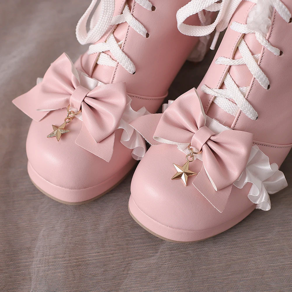 33-46 Sweet Bow Square Platform Elegant Ruffles String Lolita Shoes