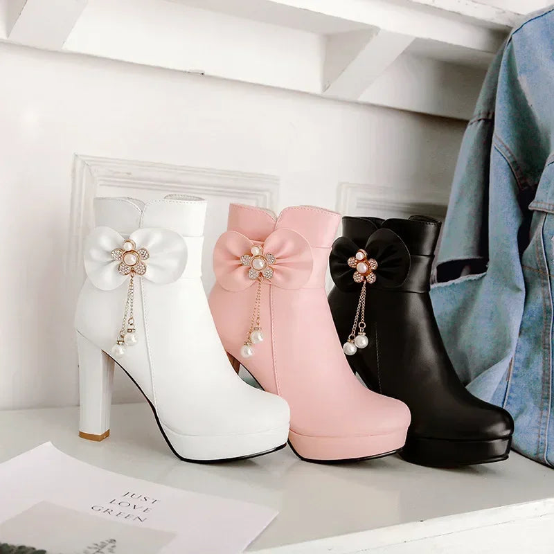 34-43 Lovely Lolita Party Wedding Butterfly-knot Bead Crystal Ankle Boots