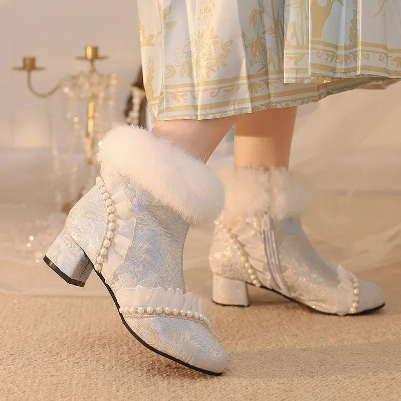 33-43 Elegant Cheongsam Beaded Rabbit Ankle Booties