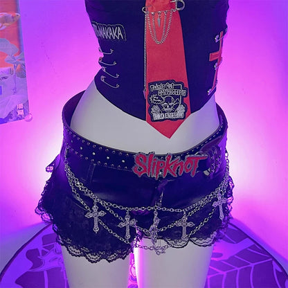 Black Punk Chain Lace Splicing PU Leather Rock Shorts