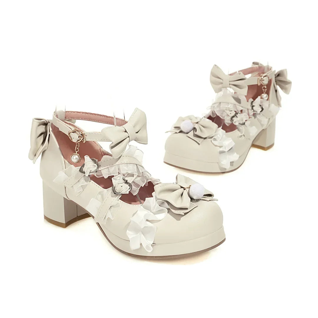 34-43 Cross Strap White Pink Ruffles Bow Maid Princess Lolita Shoes