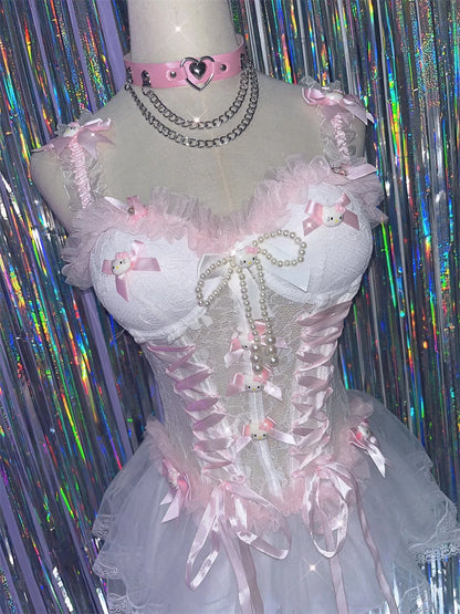 Sweet Pink Lace Trim Off Vest Cake Dress