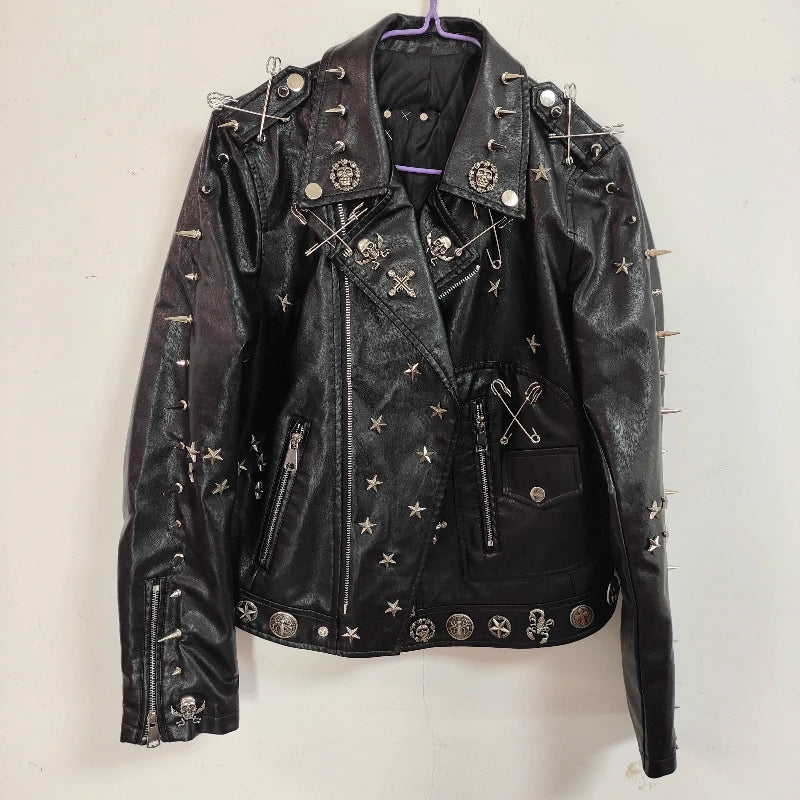 Gothic Punk Dark Y2K Rivet Chain PU Coat