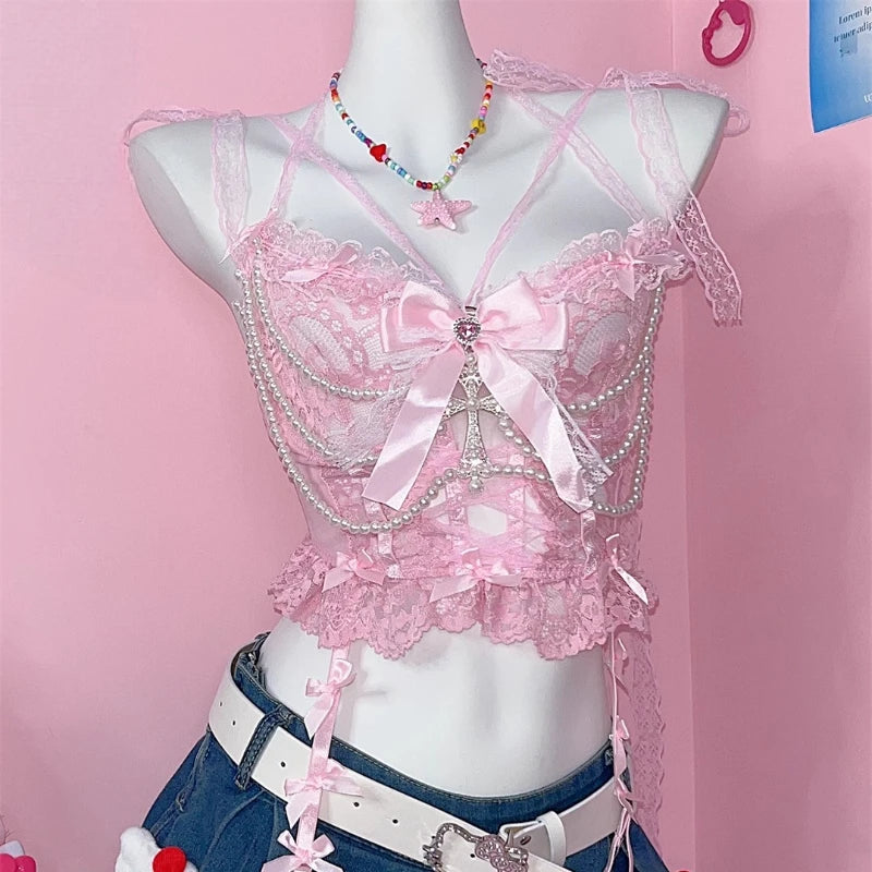 Pink Y2K Camisole Pearl Sweet Lace Sling Vest