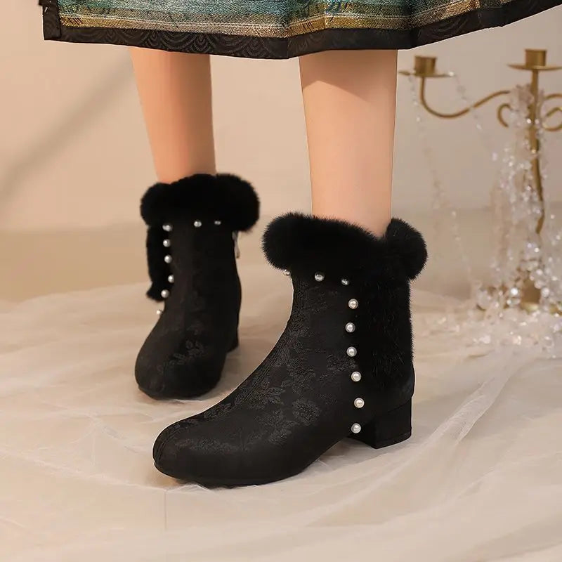 31-43 Zipper Flower Beads Rabbit Fur Round Toe Block Heels