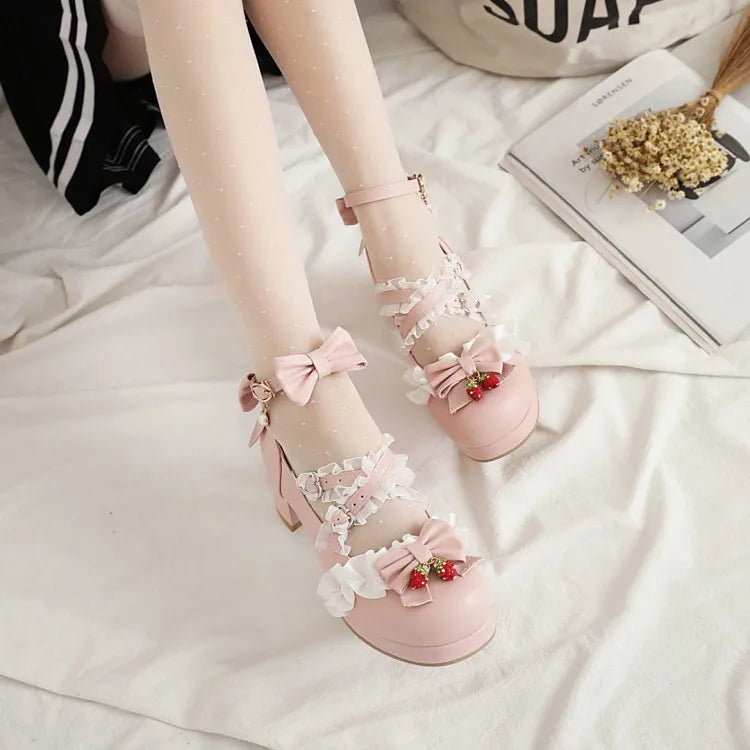 Bow Strawberry Ruffles Sweet Princess Wedding Shoes - 30-43