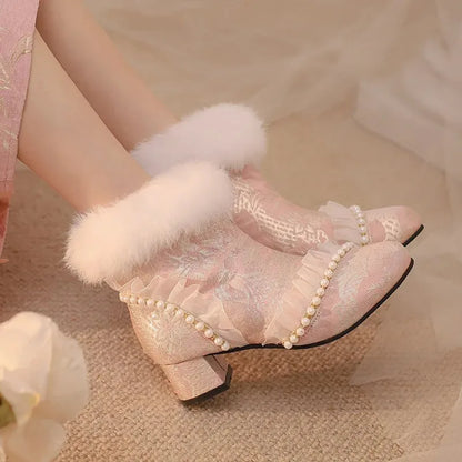 33-43 Elegant Cheongsam Beaded Rabbit Ankle Booties