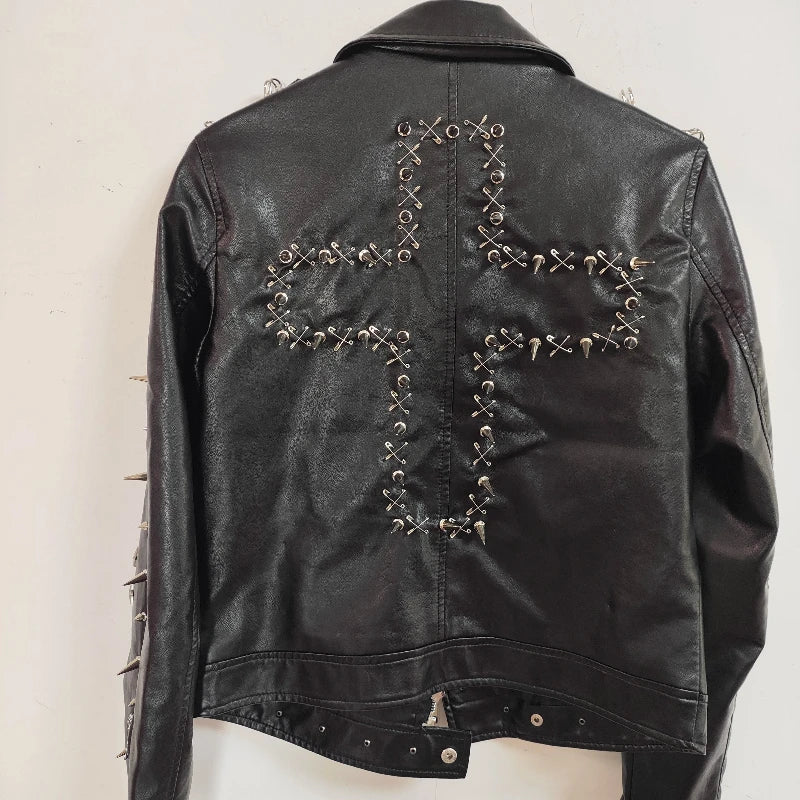Gothic Punk Dark Y2K Rivet Chain PU Coat