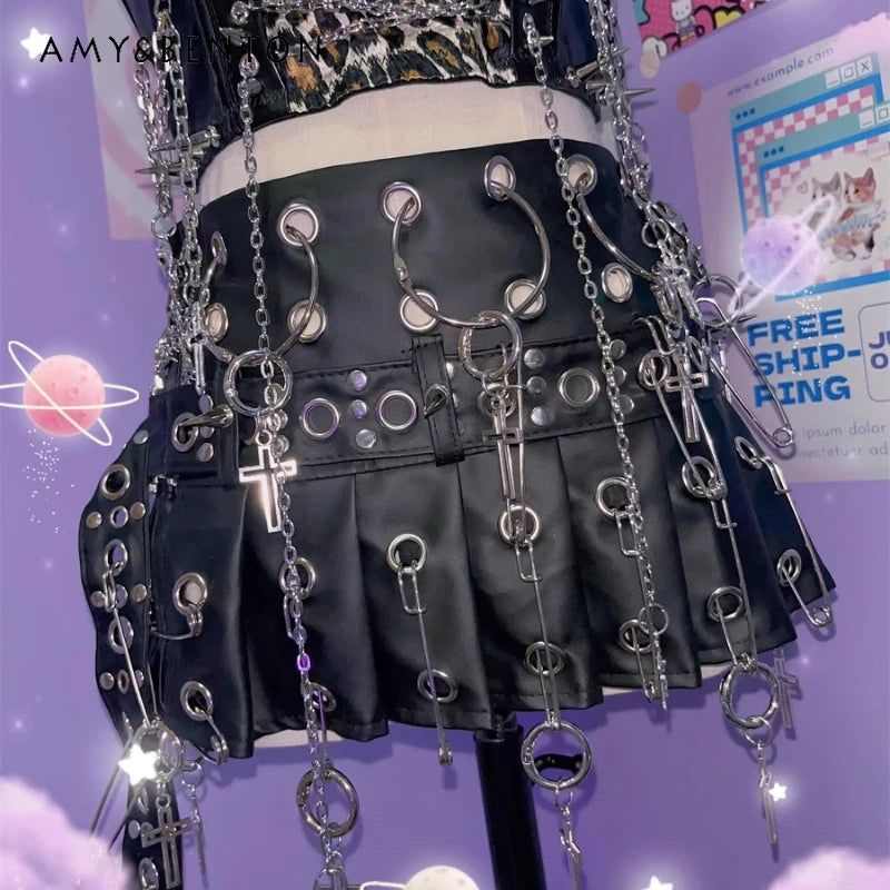 Punk Big PU Leather Belt Pleated Skirt