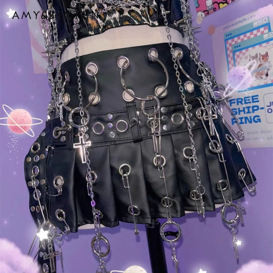Punk Big PU Leather Belt Pleated Skirt
