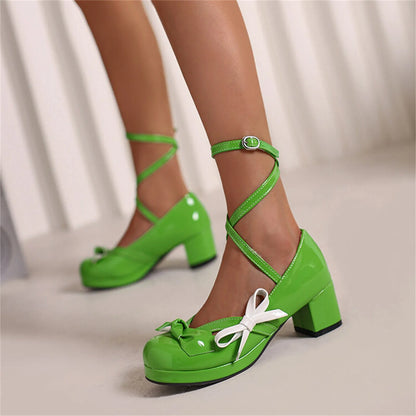 35-43 Bright Leather Sandals Lolita Bow Chunky Heel