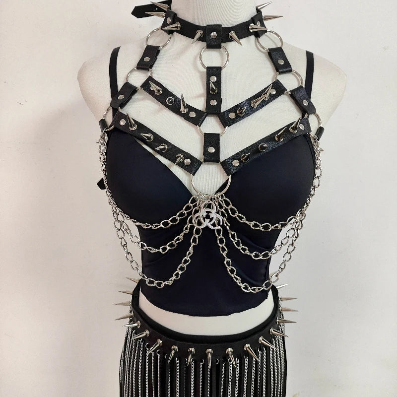 Punk Rivet Chain Corset Leather Vest Gothic Dark Tassel Skirt