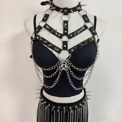 Punk Rivet Chain Corset Leather Vest Gothic Dark Tassel Skirt