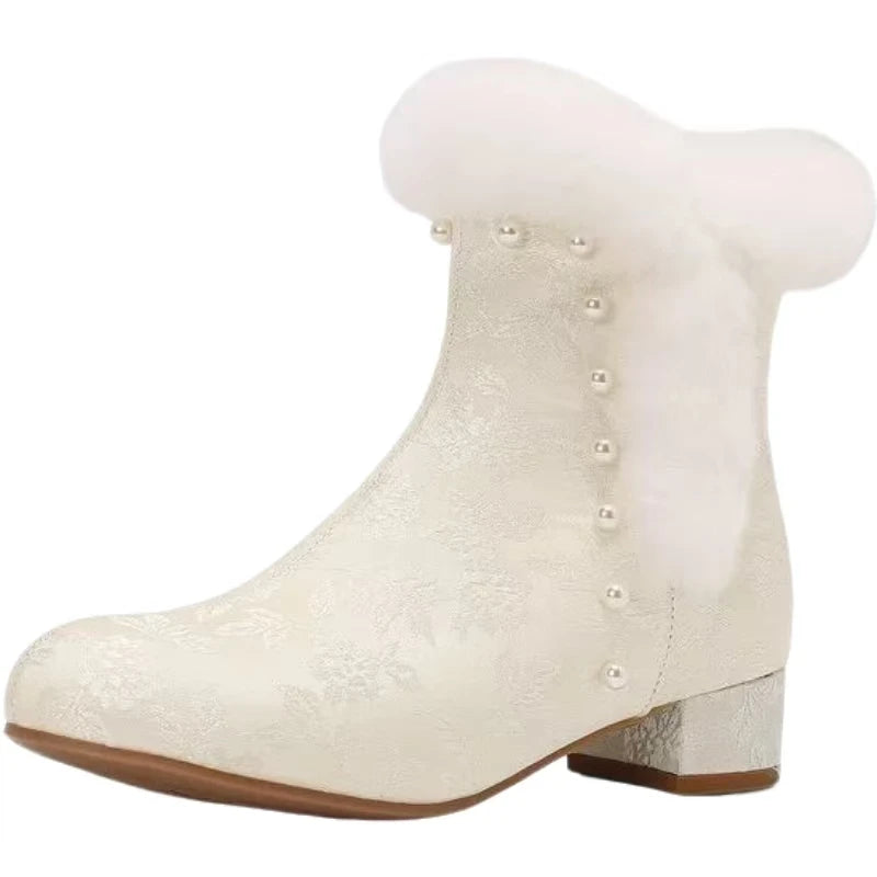 33-43 Winter Round Toe Silk Plush Warm Zippers Cheongsam Boots Skirt Boot