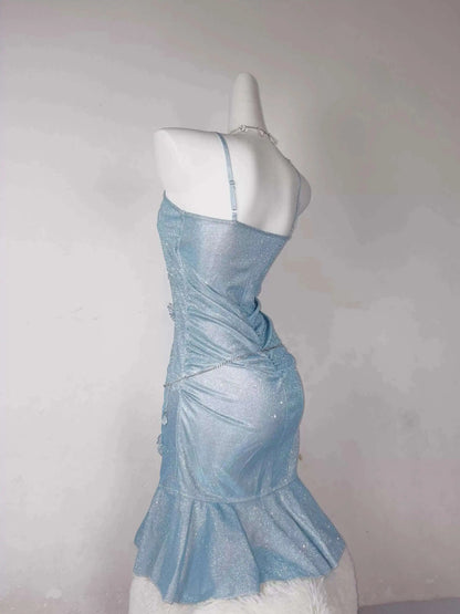 Blue Showa Princess Sexy Butt Wrapped Fish Tail Sparkling Small Dress