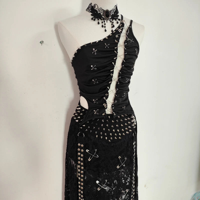 Gothic Dark Pin Stitching Backless Vest Hollow Out Rivet Skirt Set