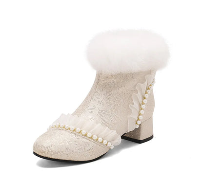 33-43 Elegant Cheongsam Beaded Rabbit Ankle Booties