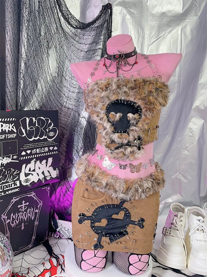 Millennial Punk Skull Leopard Print Vest Short Skirt Set