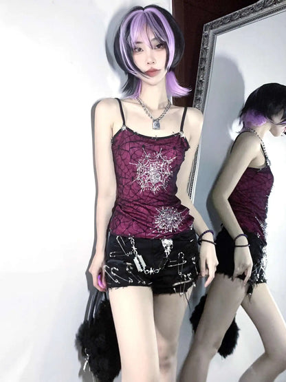 Dark Full Diamond Spider Web Barbie Purple Elastic Double Layer Strap Top