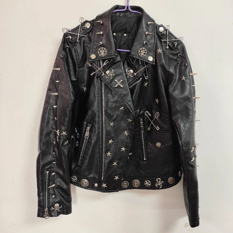 Gothic Punk Dark Y2K Rivet Chain PU Coat