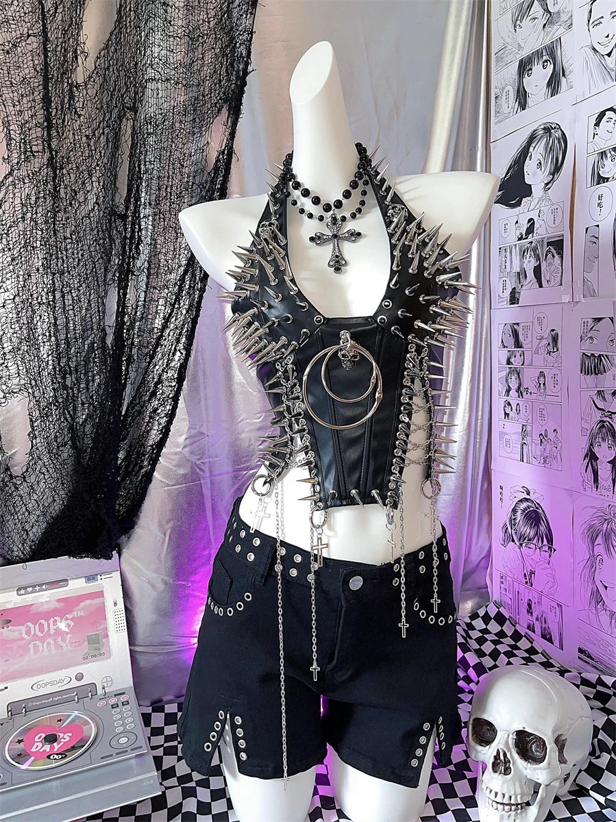 PU Leather Y2K Rivet Skull Chain Punk Halter Suspender Vest