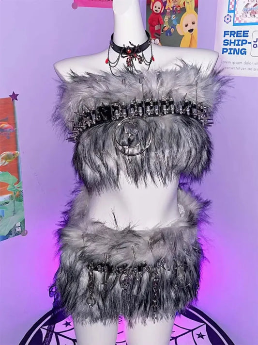 Y2K Millennial Bullet Metal Fur Imitation Fur Subculture Punk Hip Skirt Suit