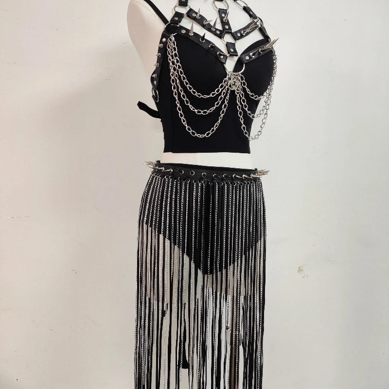 Punk Rivet Chain Corset Leather Vest Gothic Dark Tassel Skirt