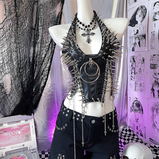 PU Leather Y2K Rivet Skull Chain Punk Halter Suspender Vest