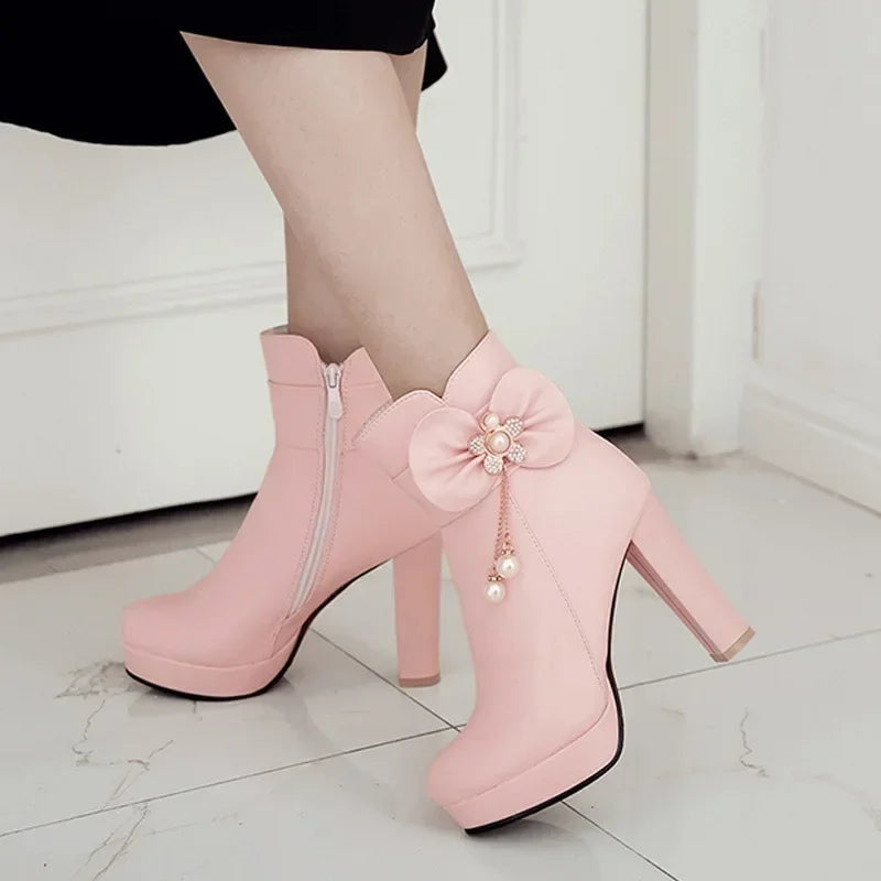 34-43 Lovely Lolita Party Wedding Butterfly-knot Bead Crystal Ankle Boots
