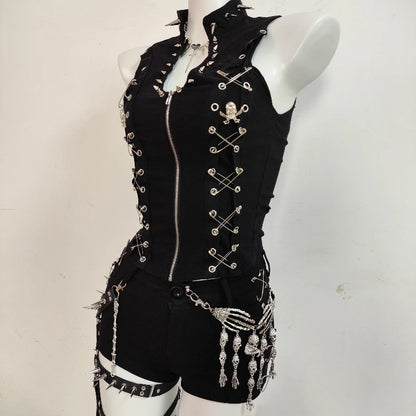 Gothic Punk Dark Y2K Rivet Vest Shorts Set