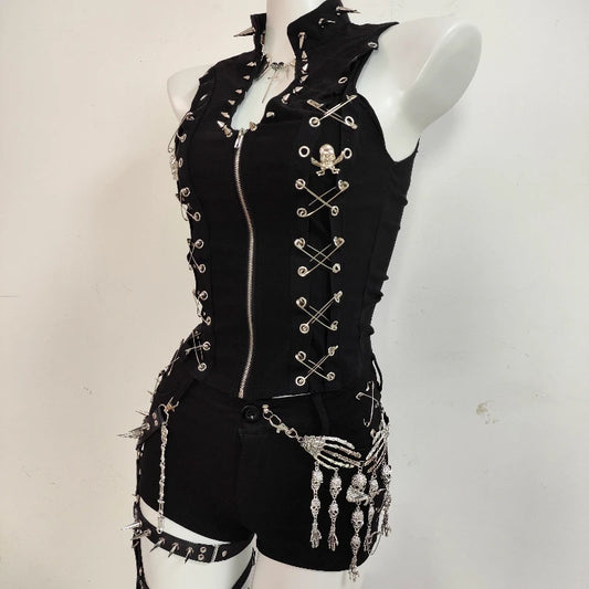 Gothic Punk Dark Y2K Rivet Vest Shorts Set