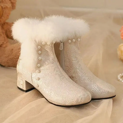 33-43 Winter Round Toe Silk Plush Warm Zippers Cheongsam Boots Skirt Boot