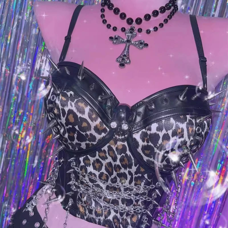 Y2K Punk Sling Leopard Print Metal Chain Vest