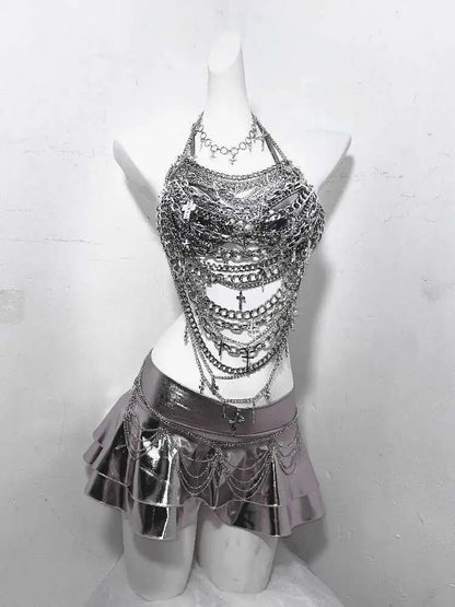 Gothic Technology Iron Chain Cross Hollow Chain Splicing Silver Set