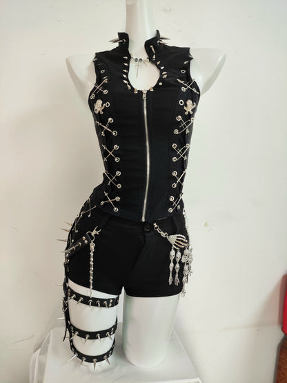 Gothic Punk Dark Y2K Rivet Vest Shorts Set