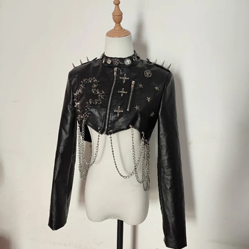Punk Faux Leather Jacket Rivet Chain Short Jaquetas