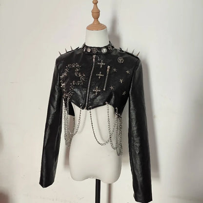 Punk Faux Leather Jacket Rivet Chain Short Jaquetas