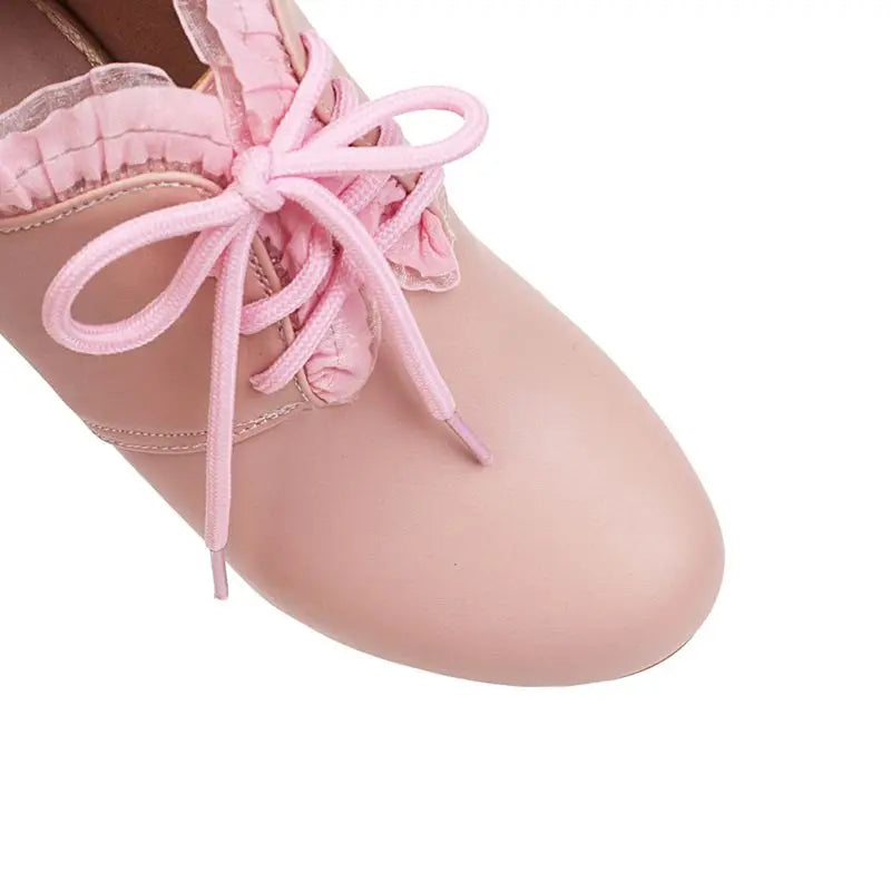 32-46 Sweet Round Toe Chunky Heel Lace-Up Soft Lolita Boots