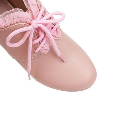 32-46 Sweet Round Toe Chunky Heel Lace-Up Soft Lolita Boots