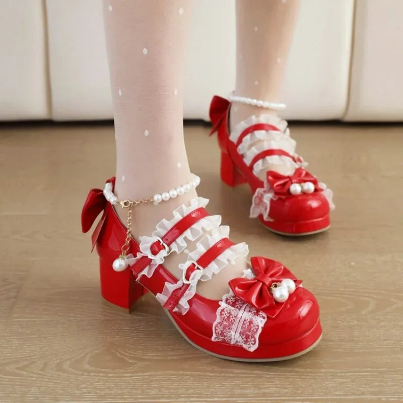 Lolita Mary Jane Cosplay Pumps Red Shoes - 31-48